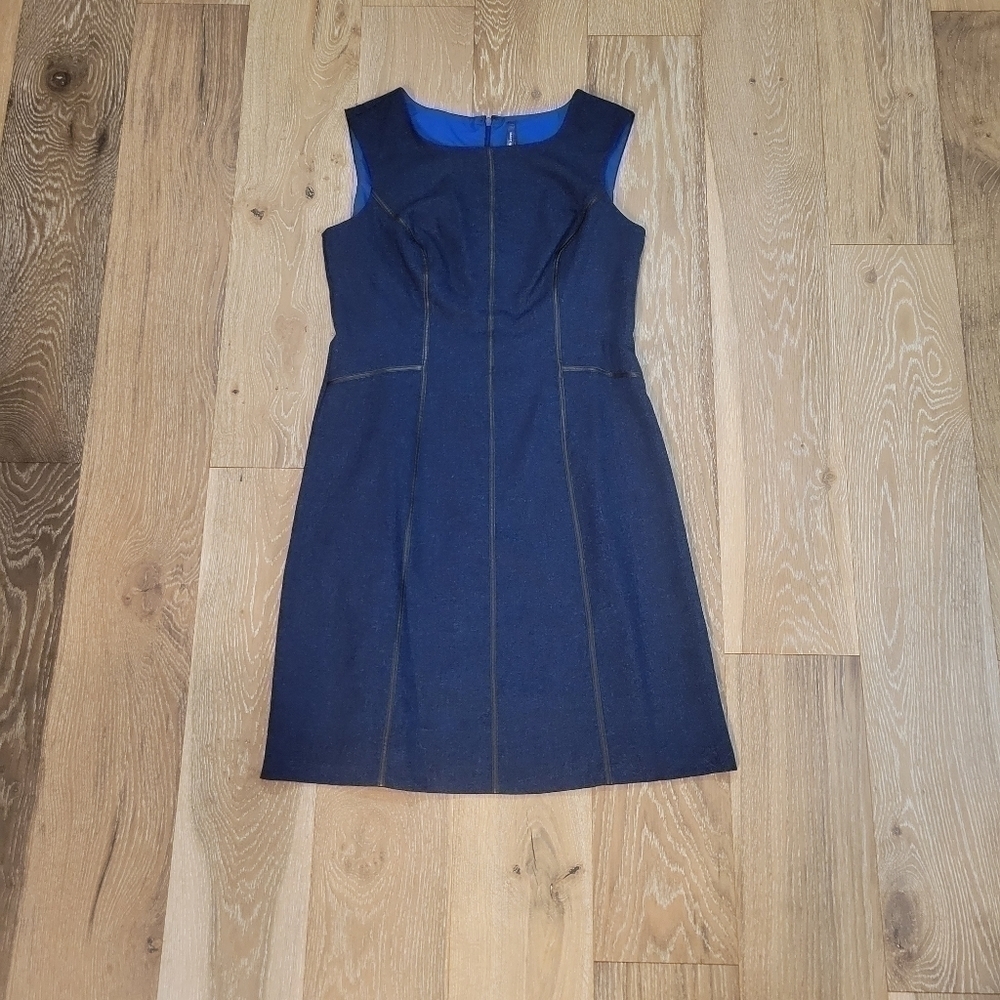 Andrew Marc Women's blue tweed sleeveless sheath dress w/ black detailing size 8 - Picture 4 of 10